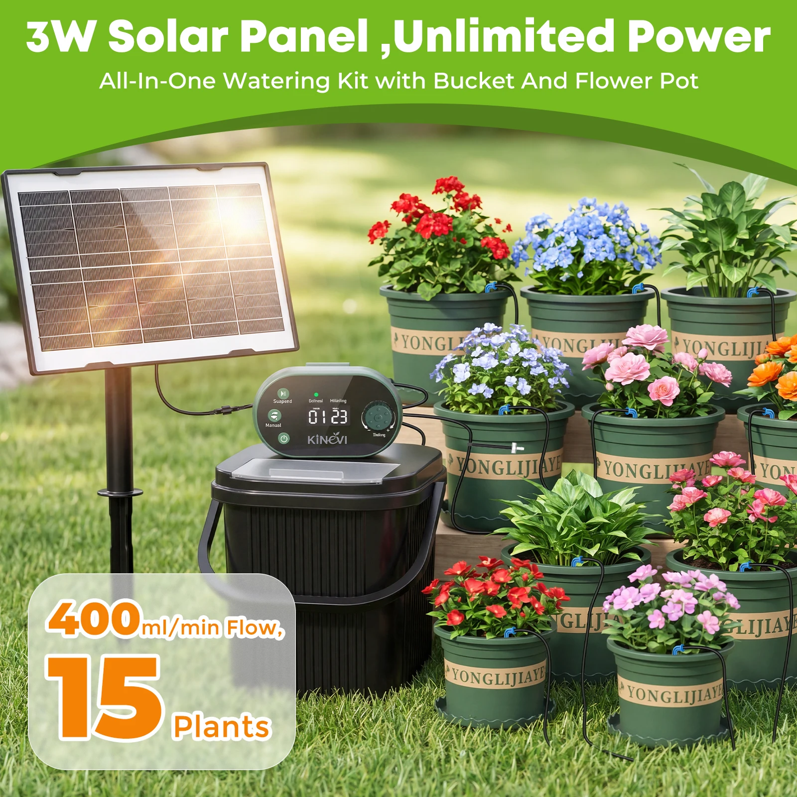 Solar Irrigation System with 22 Timer Modes, Easy DIY Watering System with 15*Drip Head&15m Hose etc for Garden Plant Vegetable