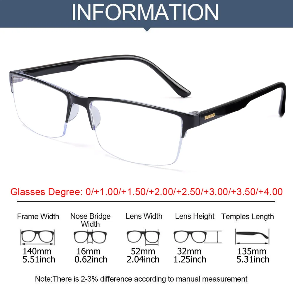 1Pc Reading Glasses Men Women High Quality Half-frame Diopter Glasses Business Male Presbyopic Eyeglasses 0 +1.0 1.5 2.0 2.5 4