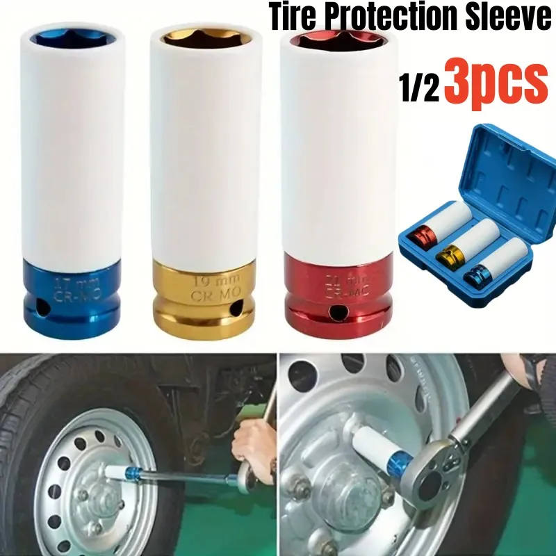 3pcs Metal Tire Protection Sleeve Wall Auto Car Removal Nut Socket Set, 1/2