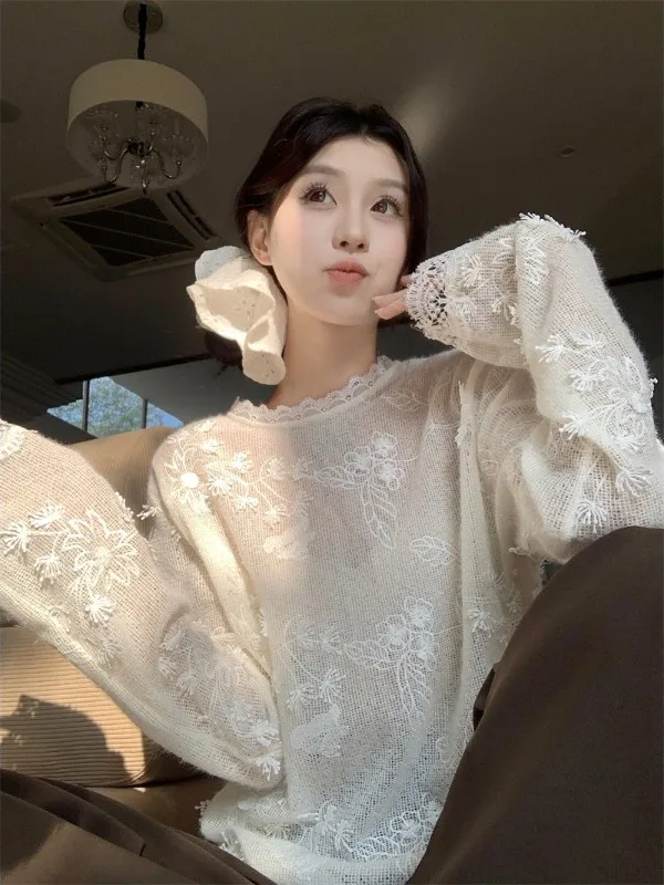 

French Sle Lace Knitted Long Sve Loose Fit Thin Women's Top round Ne Overhead Cotton Blend Summer Autumn White irt