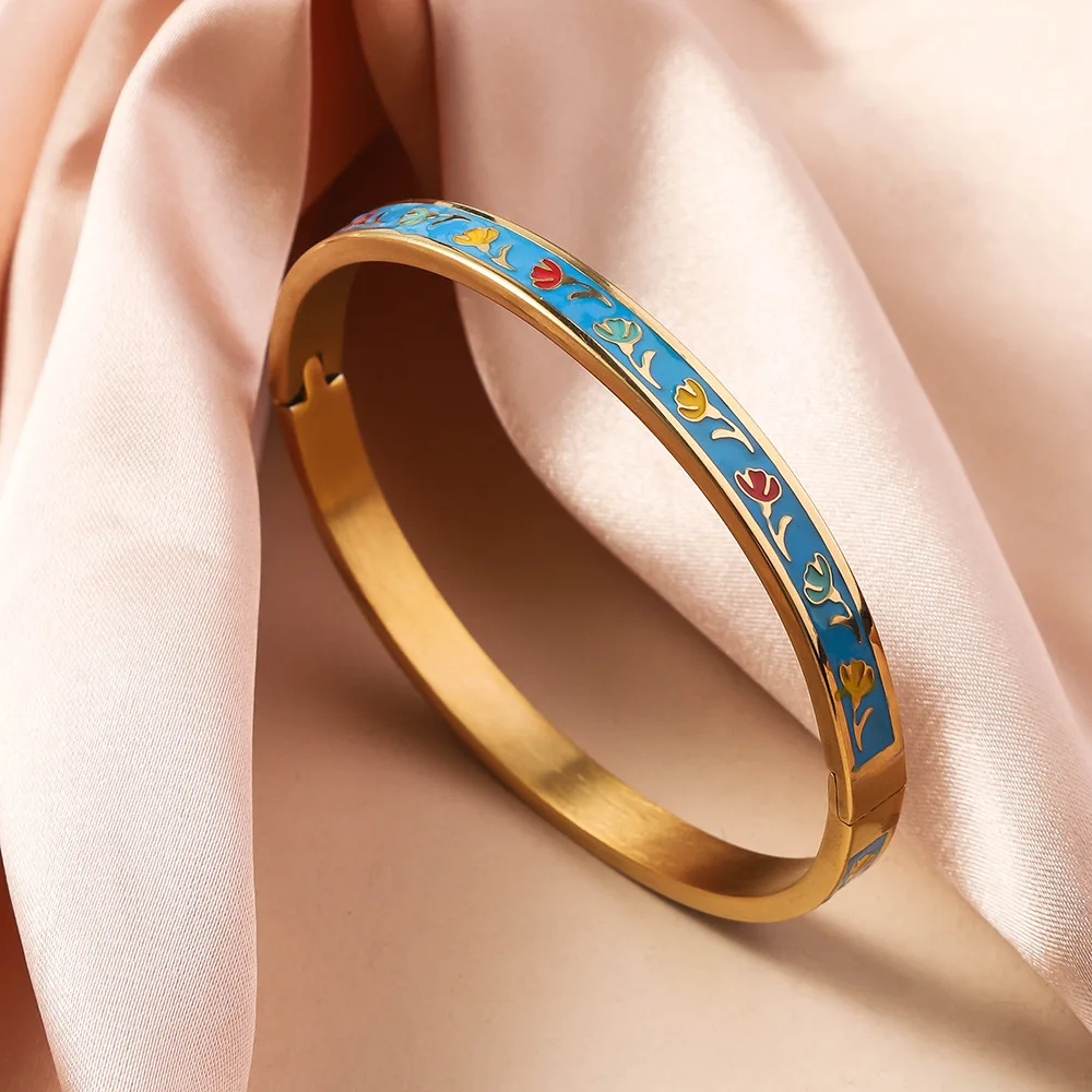 New Fashion Enamel Bracelet Drip Oil Bracelets Women Stainless Steel Jewelry Set Accessory view 6