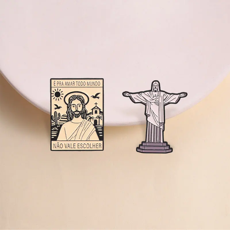 Christ the Redeemer Enamel Pin Minimalist Religious Landmark Brooch for Christian Travelers and Brazil Souvenir Style