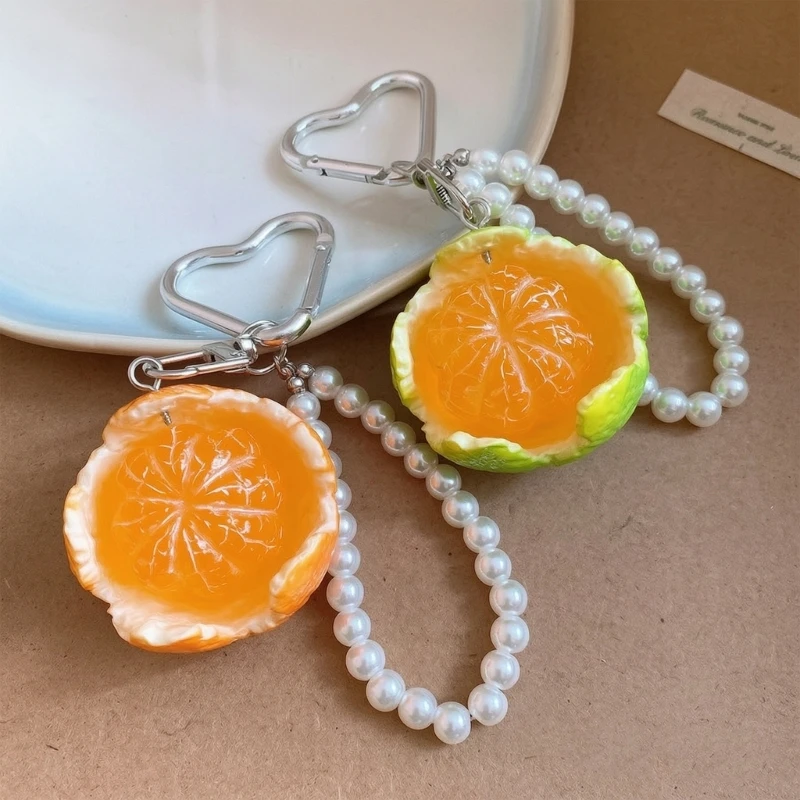 Citrus Charm Keyring with Heart Clasp and Beaded Loop, Resin Pendant Accessory for Keychain Carry, Bag, Purse Decoration