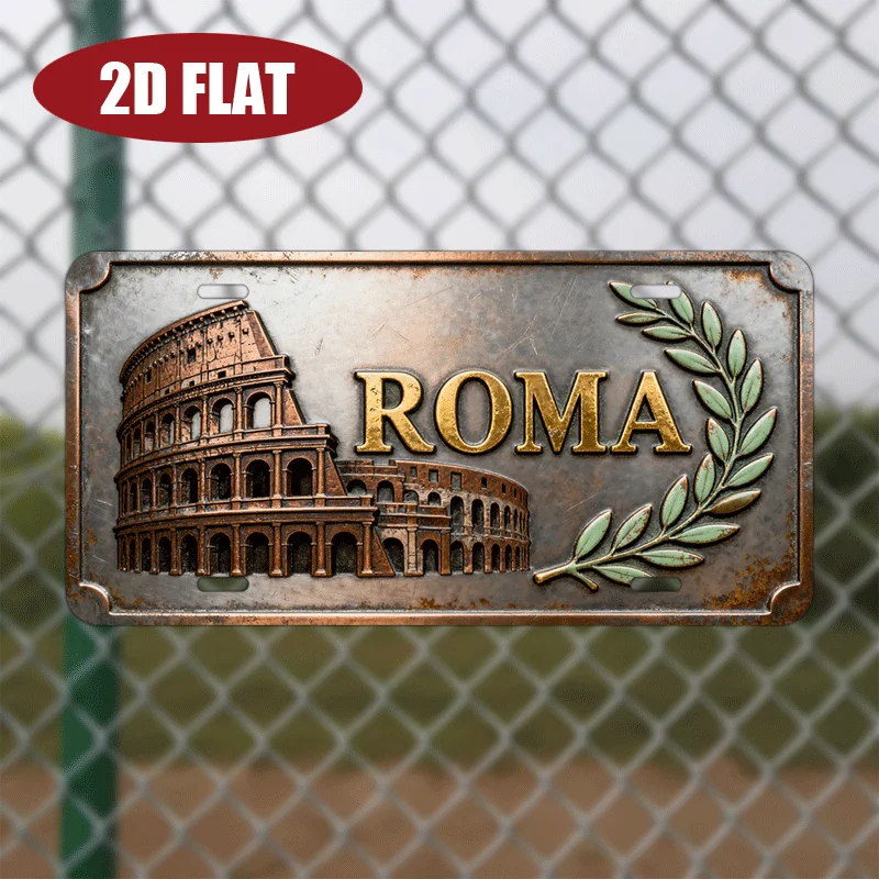 Vintage Roma Italy Colosseum Metal License Plate Tin Sign,2D Flat Printing Aluminum Wall Decor Travel Souvenir Wall Art