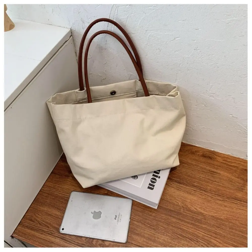 White Black Shoulder Bag Classic Canvas Books Storage Handbag Snap Fastener Tote Bag Student Books Storage Bag