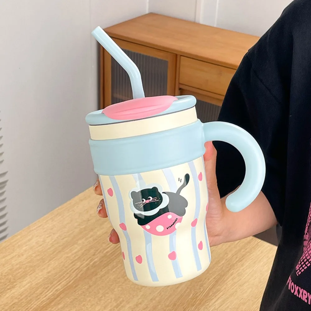 

Fashion Stainless Steel Cat Thermos Cup Leak Proof Portable Insulation Cup with Handle Straw Large Capacity Water Bottle Office