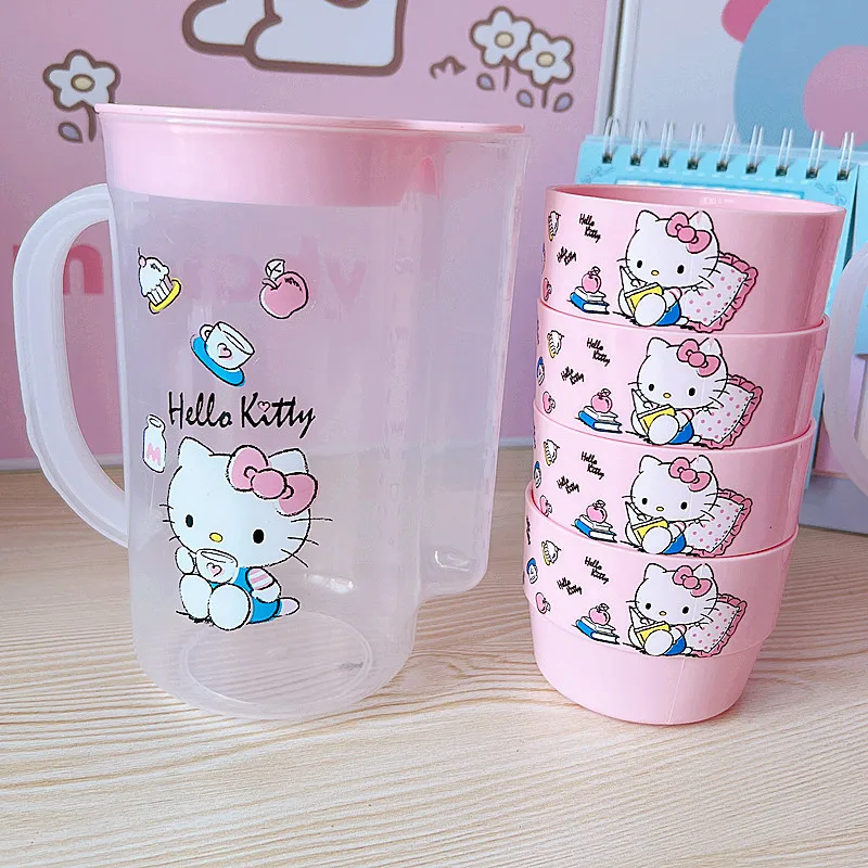 

5pcs Hello Kitty Water Cup Cartoon Cute Girl Kt Home Dormitory Cold Pot Drinking Water Cold Bubble Plastic Teapot Set Wholesale