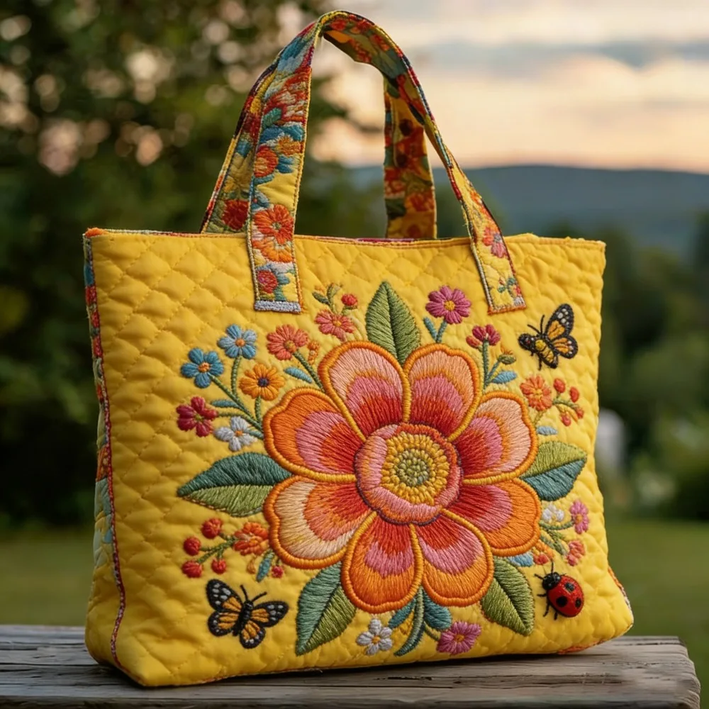 

Bright Yellow Floral Quilted Tote Bag Cute Butterfly Ladybug Decor Large Capacity Casual Handbag for Daily Shopping Travel
