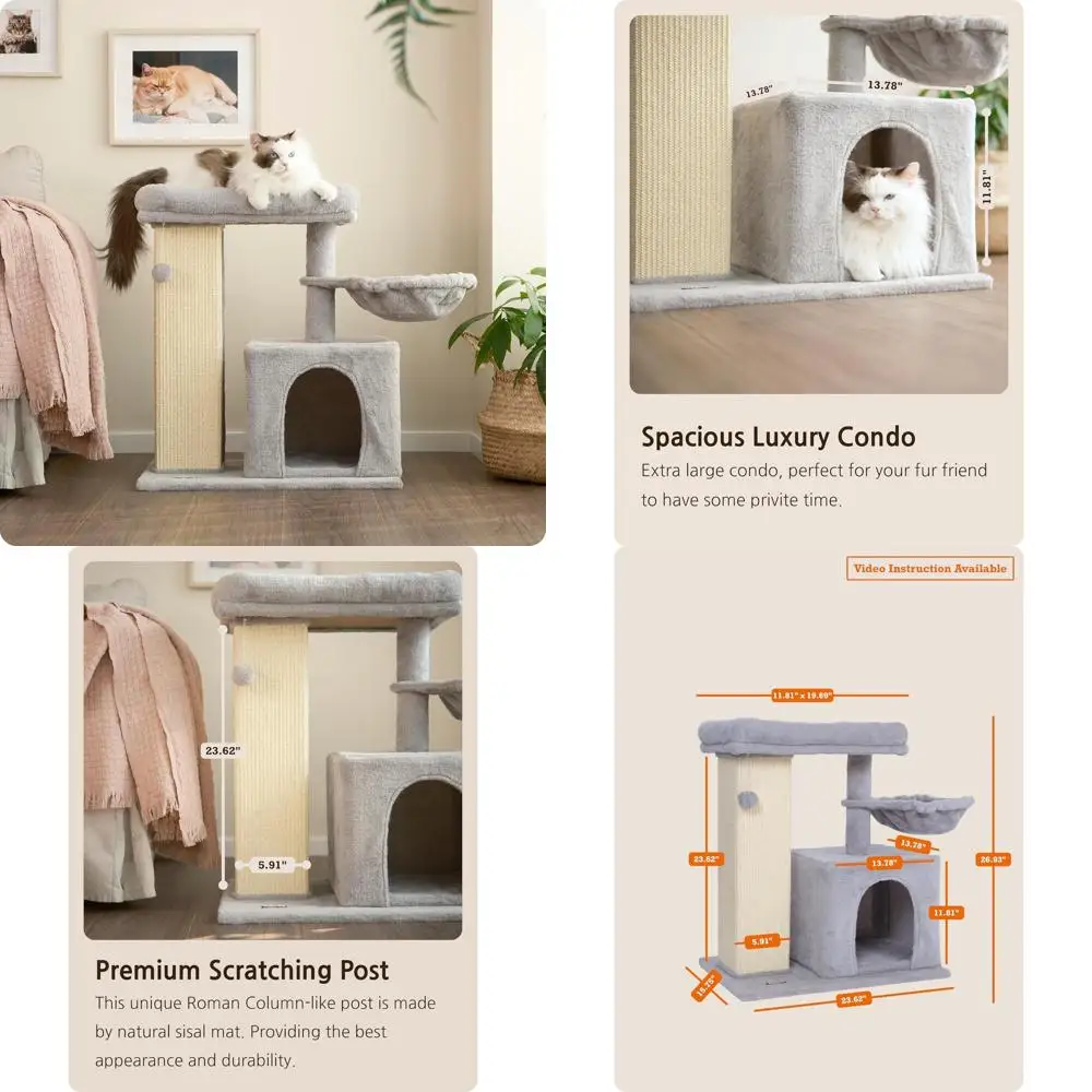 

Luxury Tall Scratching Post for Large Cats - 27 Inch Indoor Cat Tower with Enlarged Condo and Widened Padded Perch