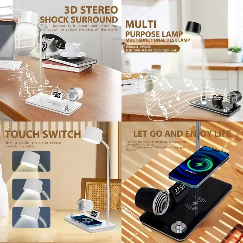 

Multifunction LED Desk Lamp Wireless Charger Pad Stand Clock Bluetooth Speaker Night Light USB Port Night Lighting