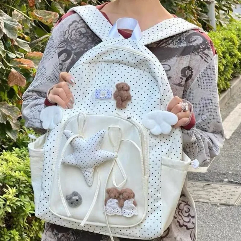 

Женский холщовый рюкзак Y2K с принтом в горошек, звездами и мультяшными мишками, вместительная модная сумка для отдыха и поездок на работу