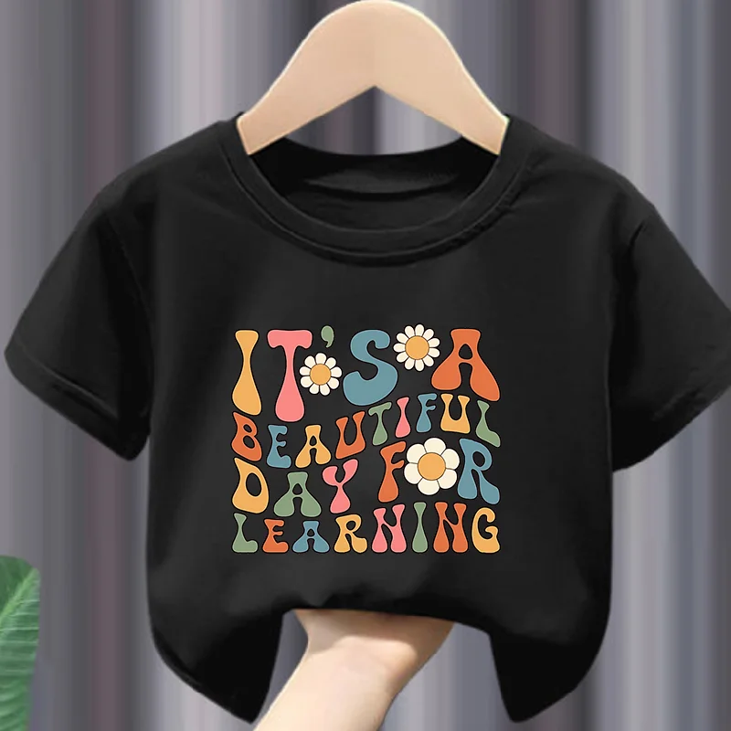 

Футболка с короткими рукавами для девочек в европейском и американском стиле, сезон «Снова в школу», повседневная летняя детская одежда с круглым вырезом и принтом
