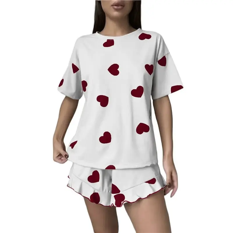 NEW-Womens Crew Neck Heart Print Short Sleeve Ruffle Shorts Two Piece Loungewear Set