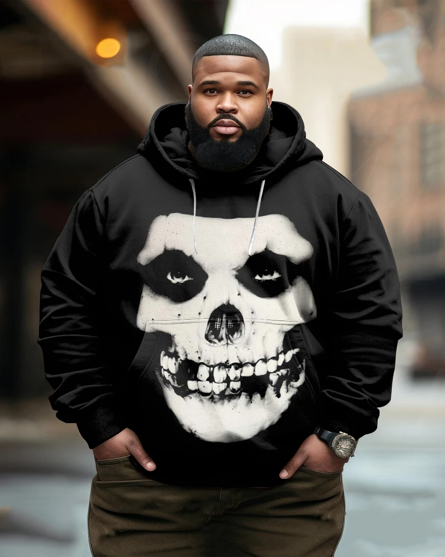 L-9XL Plus Size Men's Black Skull Hip Hop Fashion Casual Long Sleeve Hoodie ZOOY