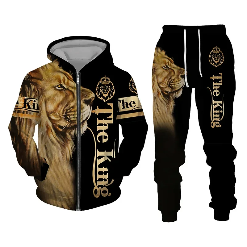 Men Zipper Hoodie Suit Animal Lion 3D Print Tracksuit/Pants Long Sleeve Casual Streetwear Oversize Autumn Winter New Hot-selling