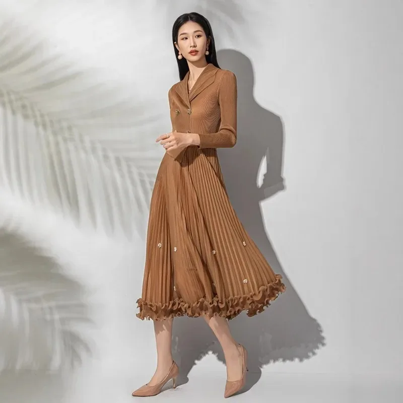 Miyake Fashion Dress 2026 New Pleated Fashion Lace Long-sleeved Suit Collar Commuter Waisted Large Size Elastic Long Dresses