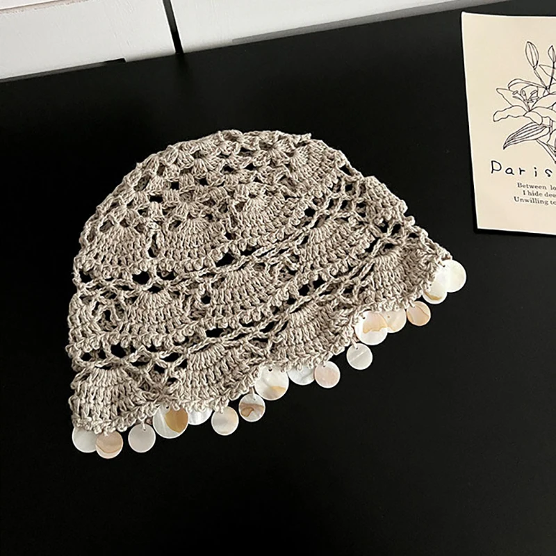 Handmade Crochet Hat Fashion Shell Tassel Knitted Hat Hollow Pullover Hat Summer Skull Hat Personalized Headwear Beanie Hat