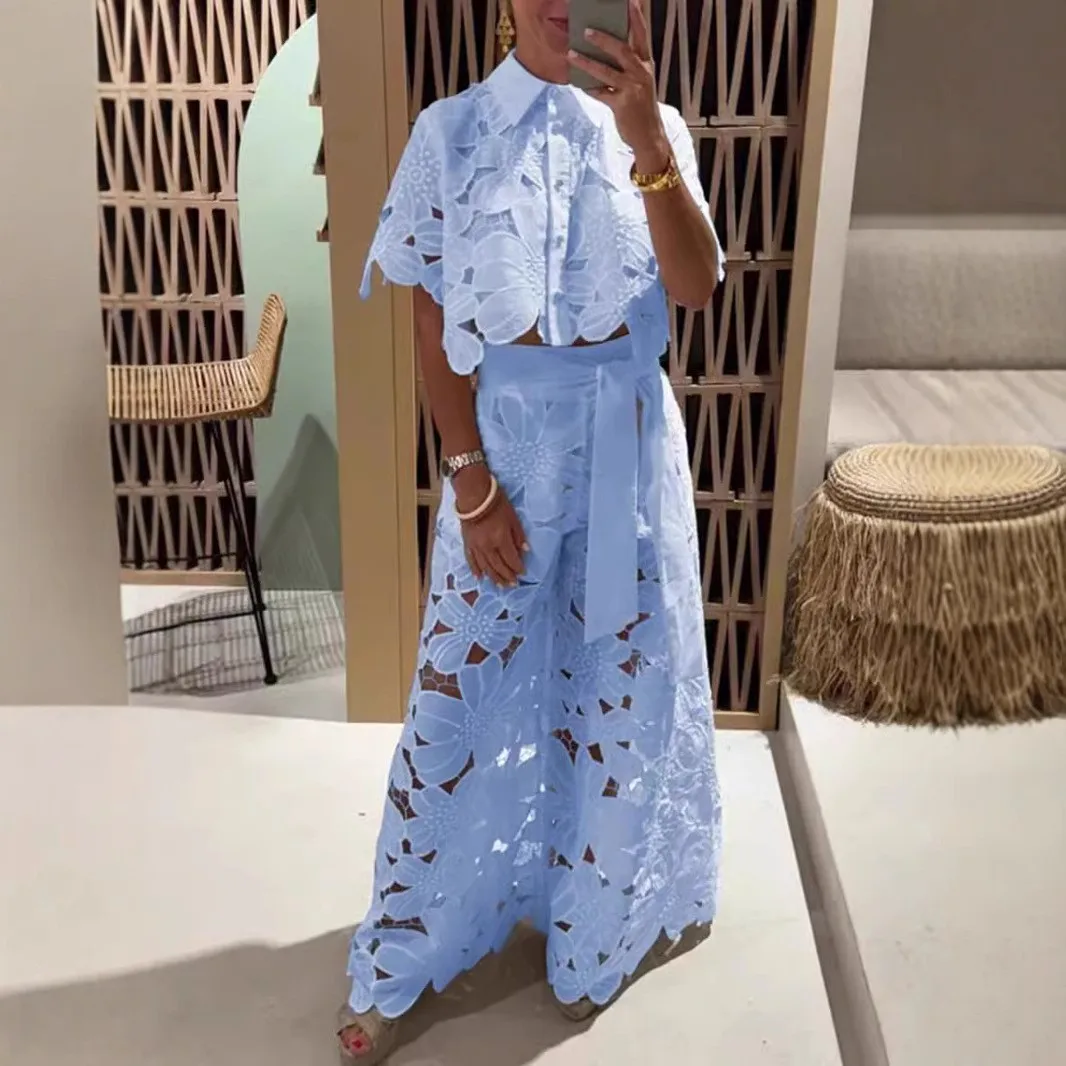 Short Sleeve Button Set Sexy with Cardigan Open Front Cardigan Patchwork Pants Summer Top Streetwear Regular Sleeve Set Women