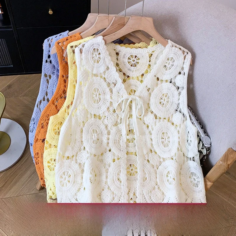 

New Hollow out Knitted Sleeveless Vest Large Size Women's Fashion Belted V-Neck Jacket Outerwear Layered Top Summer Cotton Po...