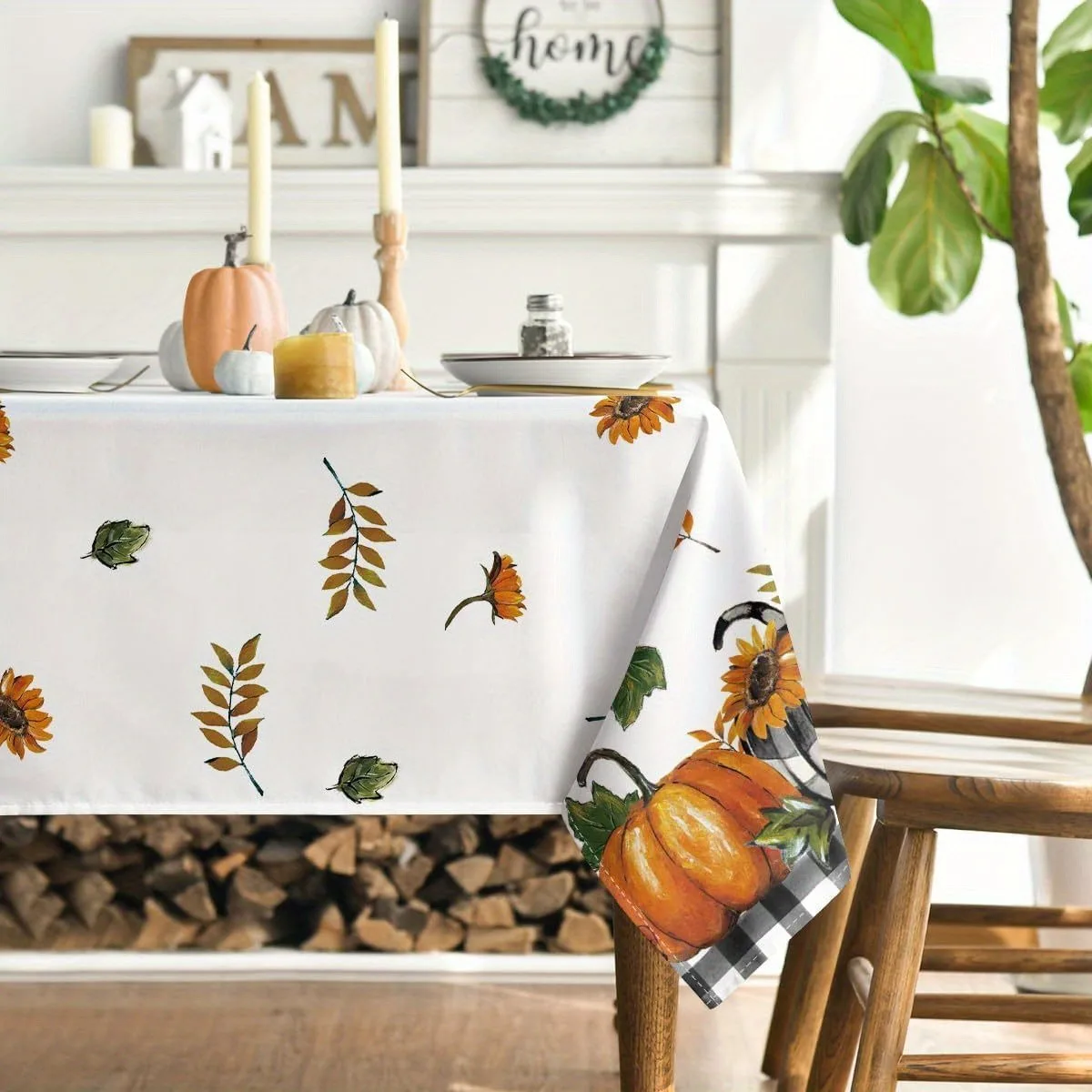 1pc Autumn Tablecloth - Thanksgiving Harvest Tablecloth, featuring pumpkins, orange trucks, and buffalo patternszyc