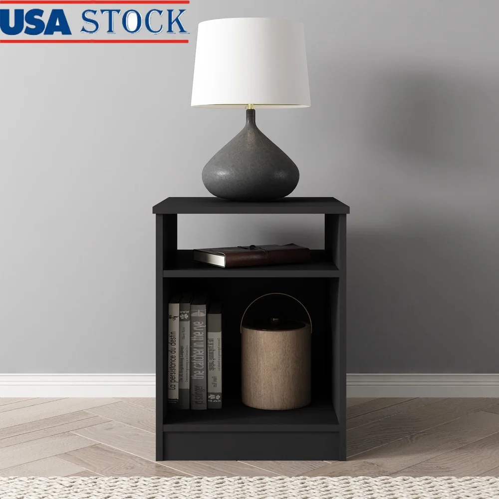 

Open Shelf Nightstand Easy Assembly Black Wood Storage Modern Design Two Compartments Versatile Bedroom Furniture