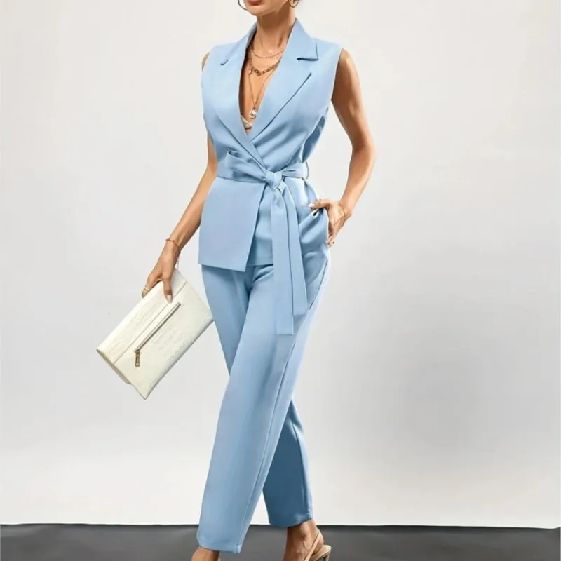 

Women Casual Vest Set Belted Vest Blazer + Pant Blue Set 2025 Fashion Summer Casual Holidays Vest Set conjuntos de pantalones