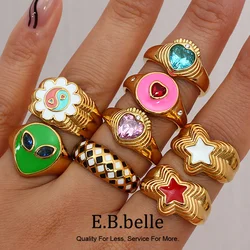 Water Resistant Stainless Steel Ring Flower Yingyang Grid Heart Star Alien Colorful Enamel Stone Rings For Womem Gold Ring