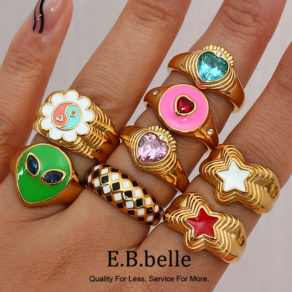 Water Resistant Stainless Steel Ring Flower Yingyang Grid Heart Star Alien Colorful Enamel Stone Rings For Womem Gold Ring