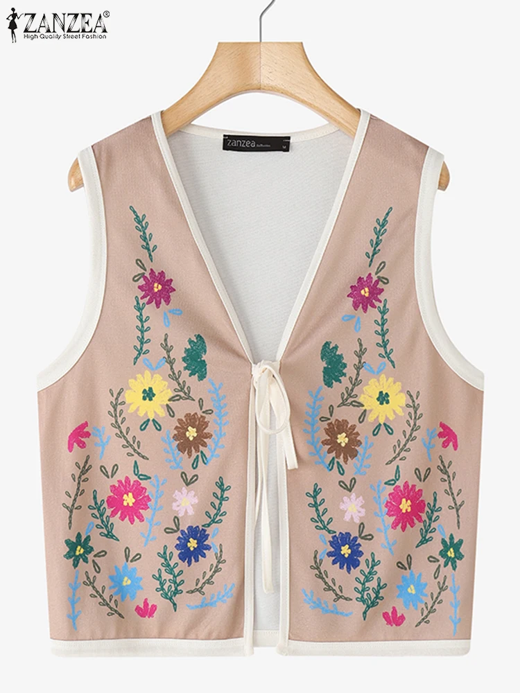 

ZANZEA Women Tank Tops 2025 Summer Sleeveless V-Neck Vintage Floral Printed Tees Casual Loose Bandage Bohemian Tops Oversized