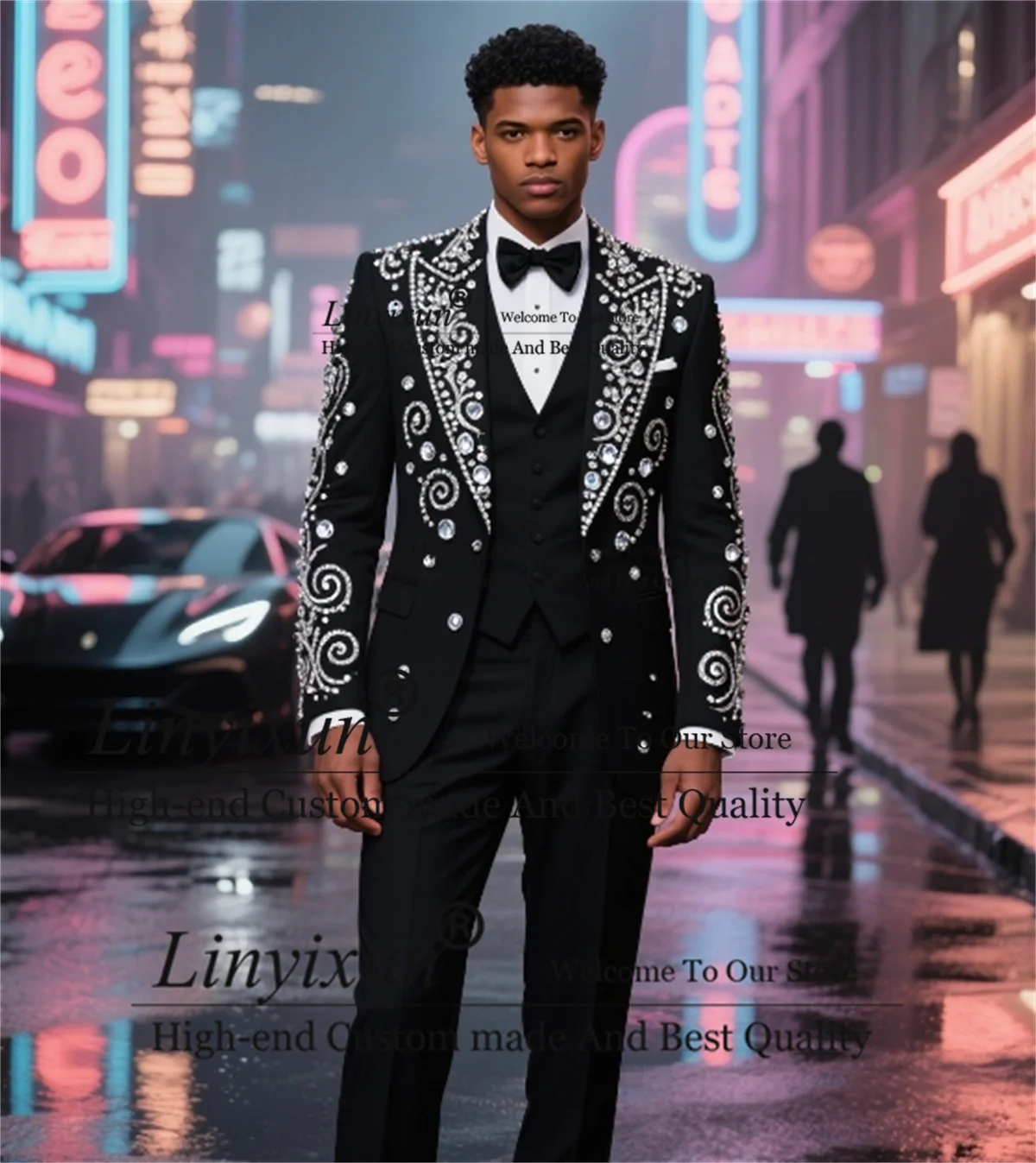 

Haandsome Jewelry Beaded Men Suit Customized Slim Groom Party Male Prom Blazers 3 Pieces Set High End Wedding Party ropa hombre