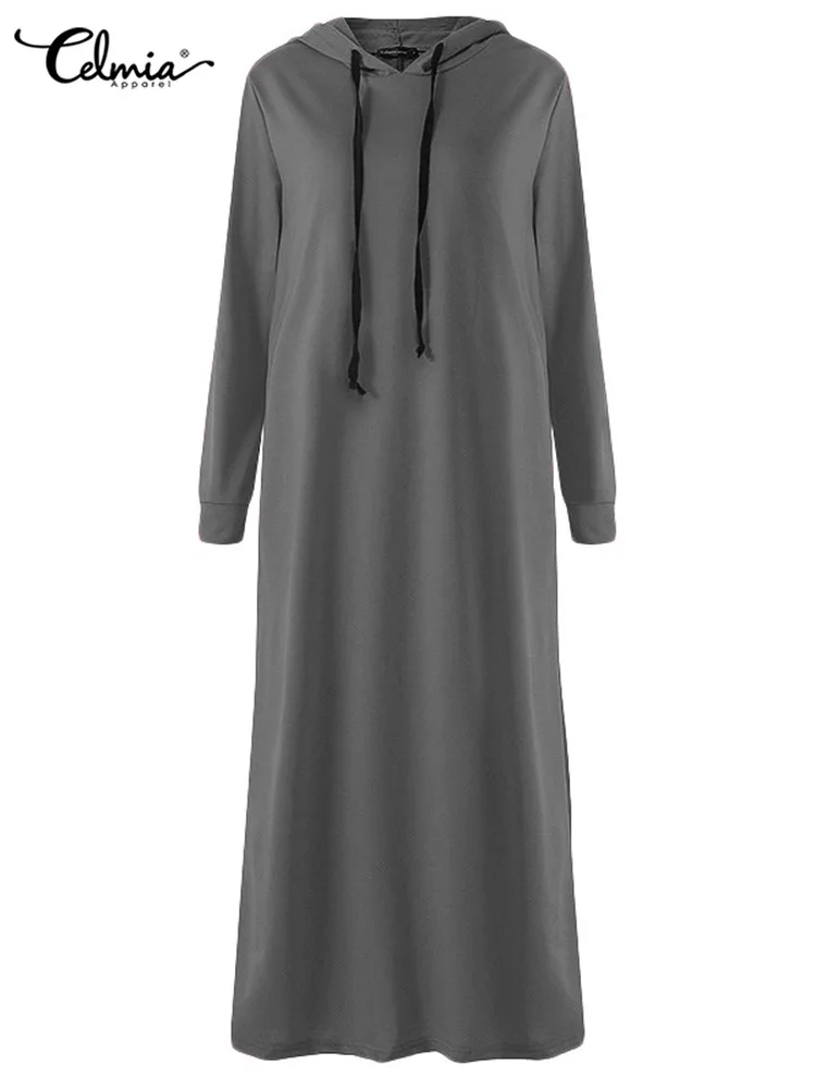 Celmia 2023 Women Maxi Dress Autumn Fashion Vintage Hooded Dress Sweatshirt Winter Long Sleeve Hoodies Winter Vestido Robe Femme