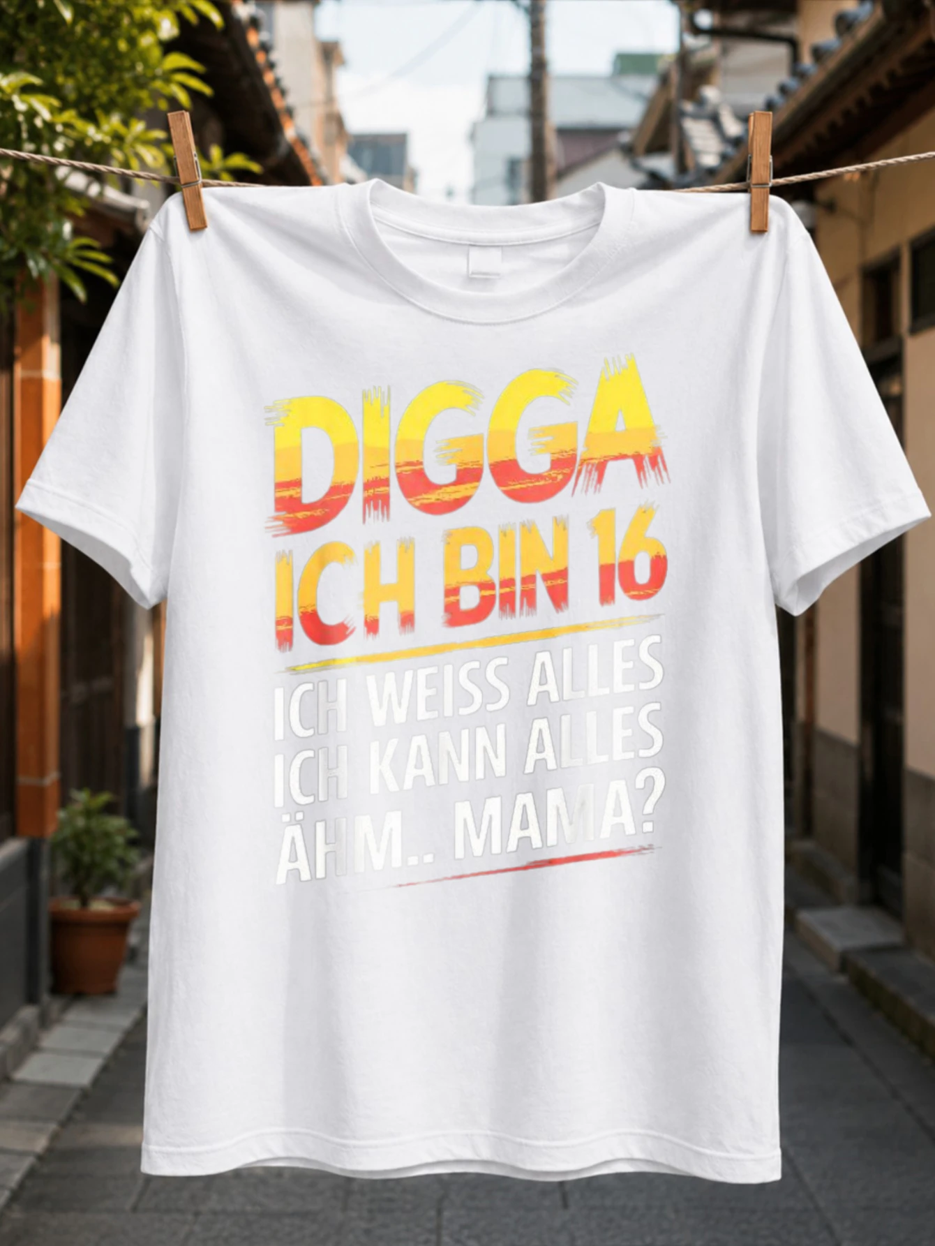 T-shirt unisexe drôle d'anniversaire avec typographie allemande jaune et rouge vieilli, motif « Dude I Am 16 I Know and Can Everything»