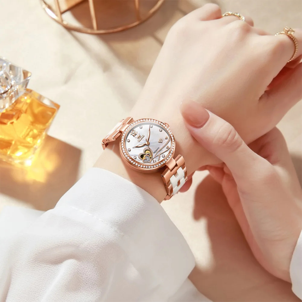 

Керамические женские часы из розового золота, модные мини-циферблаты с бриллиантами Love, автоматические механические водонепроницаемые часы с 3 барами, самый красивый подарок