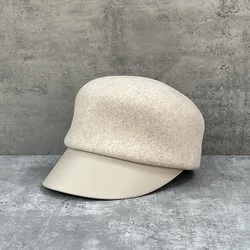 Gentle beige wool equestrian hat Female autumnwinter leather brim cap elegant temperament painter hat high quality