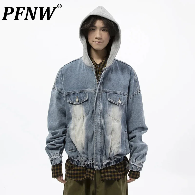 

PFNW American Spliced Brushed Hooded Denim Jacket Men Loose Elasticized Hem Cuffs Male Tops Versatile Autumn Coats Chic 28W4587