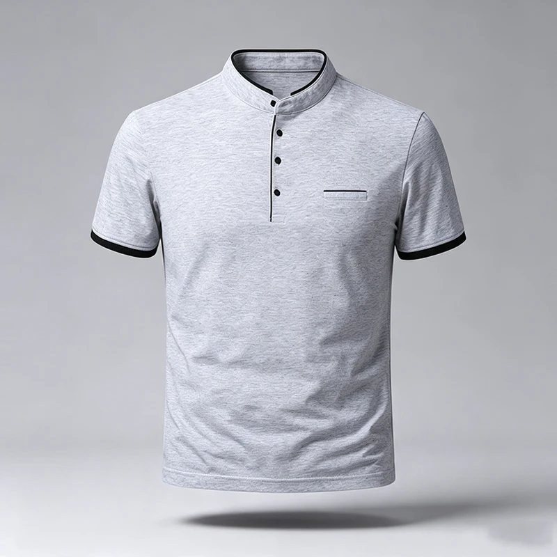 Herren-Freizeit-Polohemd mit Mandarin-Kragen, kurzen Ärmeln und Brusttasche, ideal für Spaziergänge im Freien, Wochenendausflüge, Freizeitaktivitäten und gesellschaftliche Anlässe. – Detail 9