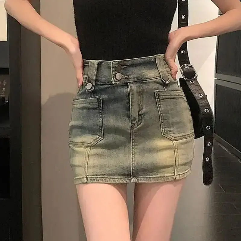 Fashion Distressed Vintage Mini Skirts Spring Autumn New Bag Hip Female Clothing American Hotsweet High Waist Aura Washed Skirts
