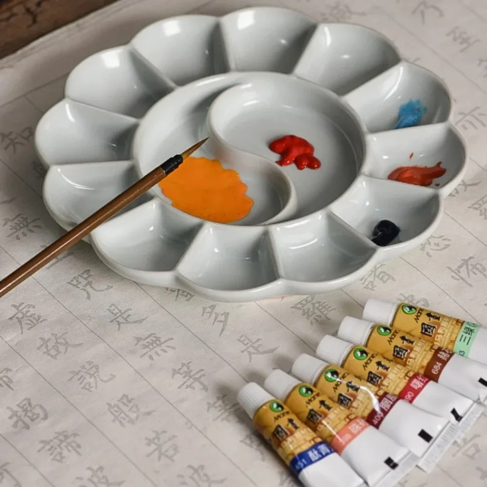 Ceramic Color Plate Handmade Celadon Palette Jingdezhen Ru Kiln Plum Blossom-shaped Watercolor Paint Tray Pen Holder Color Plate