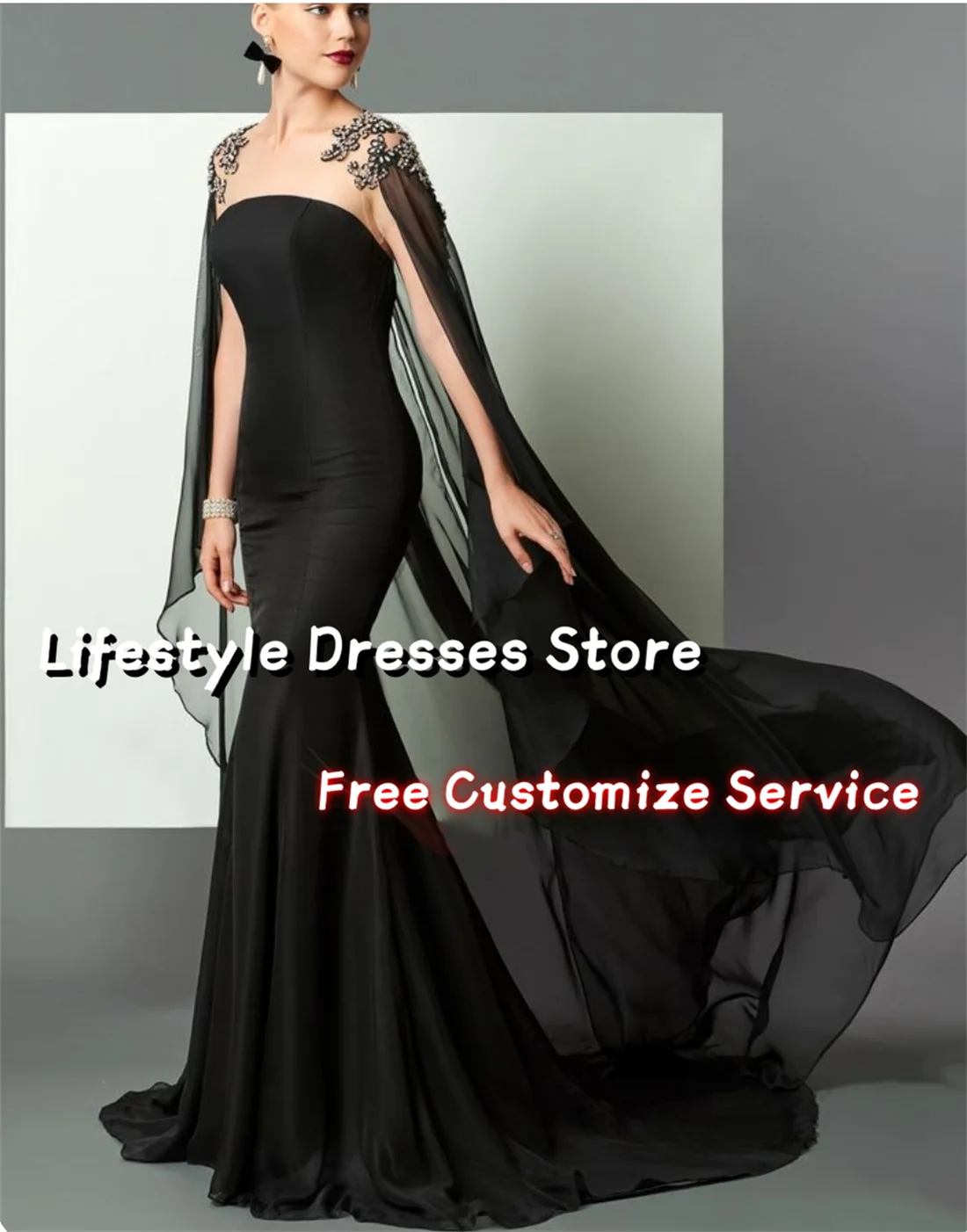 

Appliques Cloak Black Evening Dresses Mermaid Long Prom Dresses Elegant Woman 2024 Prom Dress Wedding Party Gown