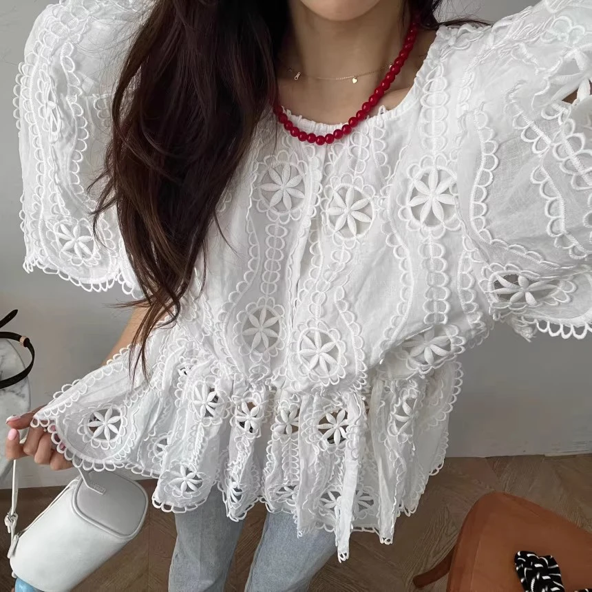 

Liangliang Ретро Тяжелая Вышивка Полый Крючок Цветок Женская ort Sve irt Летняя Новая Кружевная Блузка High Sensation