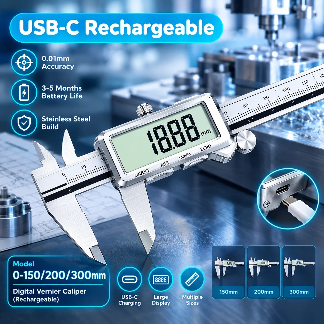 Rechargeable Digital Vernier Measuring Caliper Rechargeable Digital Vernier Caliper With Measurements With USB-C Measuring Tools