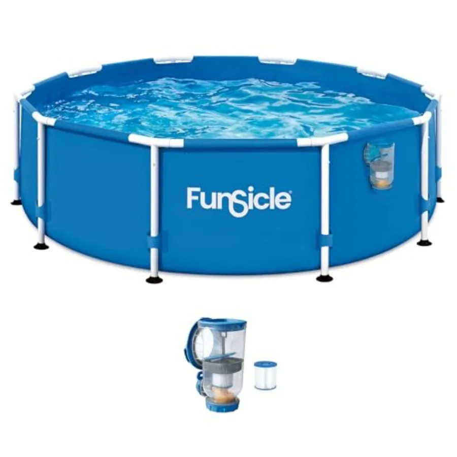Above ground swimming pool for backyard use, vinyl material, blue color, includes FiltraBoost 400 GPH filter pump with AutoSkim