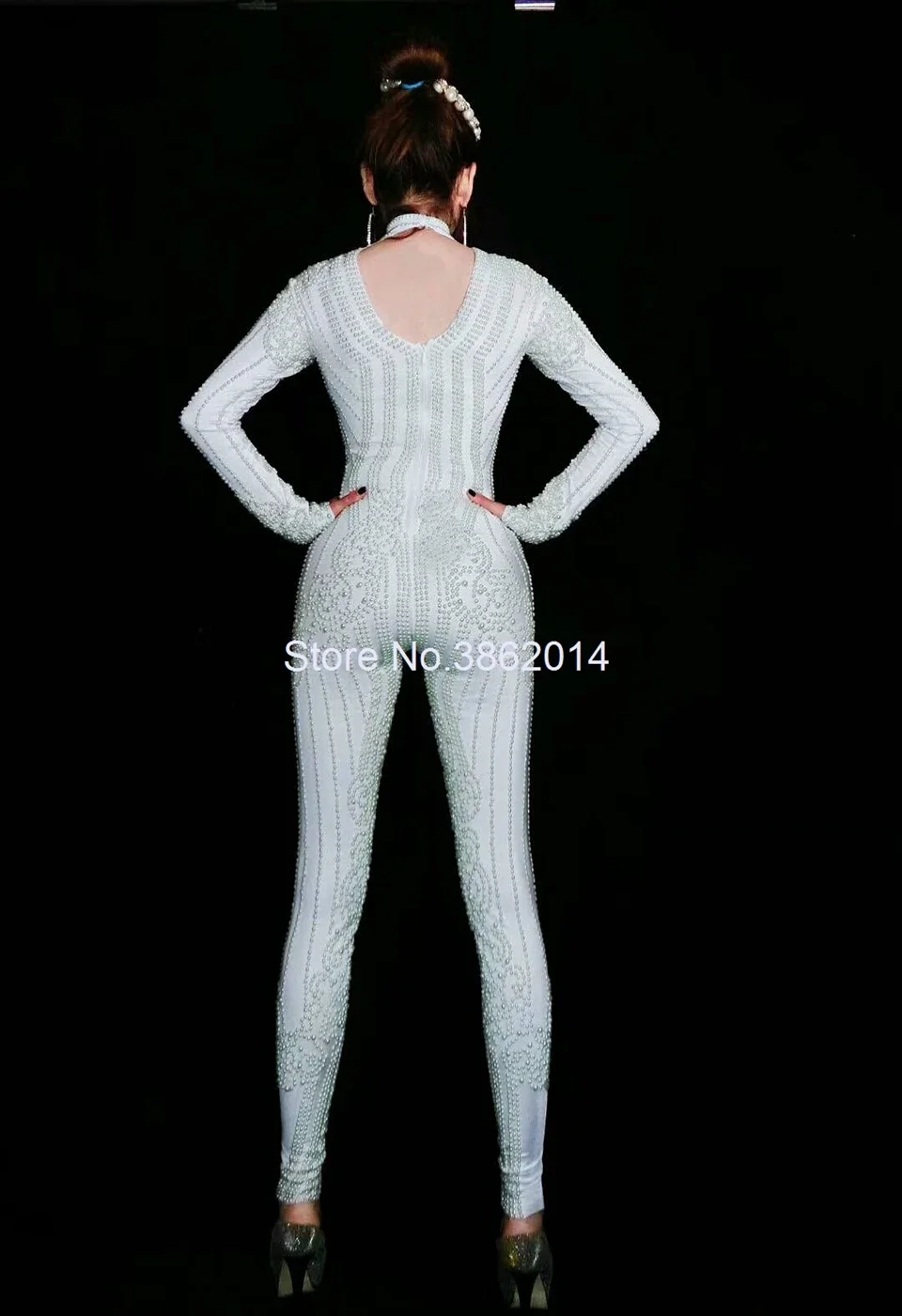 موضة اللؤلؤ الأبيض ثوب بودي كون بنطال ليجينز يتمدد المرأة مثير ملهى ليلي حفلة الزي الإناث طويلة الأكمام ارتداءها المرحلة ارتداء