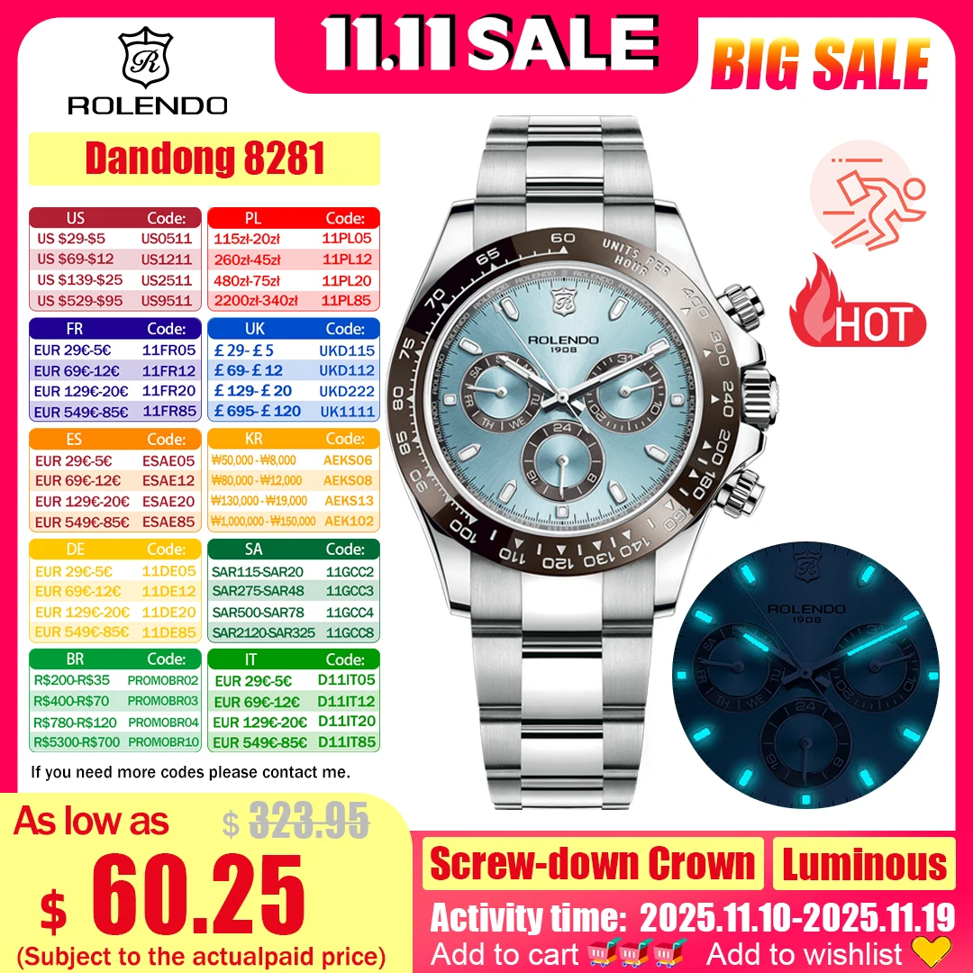 

ROLENDO Luxury Men Automatic Diver Watch 40.5mm Mineral Crystal Luminous Date 300M Waterproof High-end Men's Wristwatch Gift