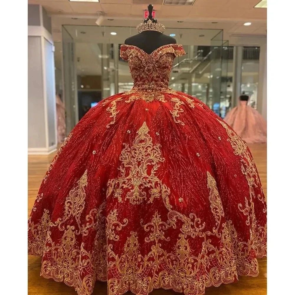 

ANGELSBRIDEP Red Gold Appliques Ball Gown Quinceanera Dresses Sweetheart Formal Prom Graduation Gowns Lace Up Sweet 15 16 Dress