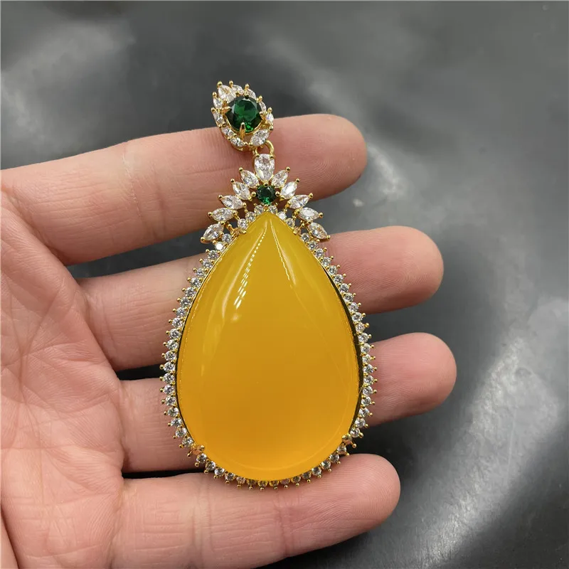 Inlaid Yellow Agate Large Water Drop Tranquility and Peace Plate Sweater Chain Pendant