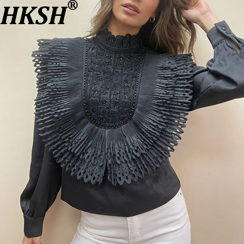 

HKSH Spring Autumn New Women Top Long Sleeves Patchwork Pleated Hollow Out Sequined Fashion Sweet High-end Elegant Shirt HK17857