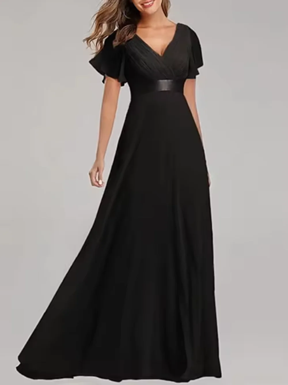 V Neck Short Sleeve Wedding Guest Floor Length Chiffon Bridesmaid Dress Ruched Ruffle Formal Evening Dress 2025 free customized