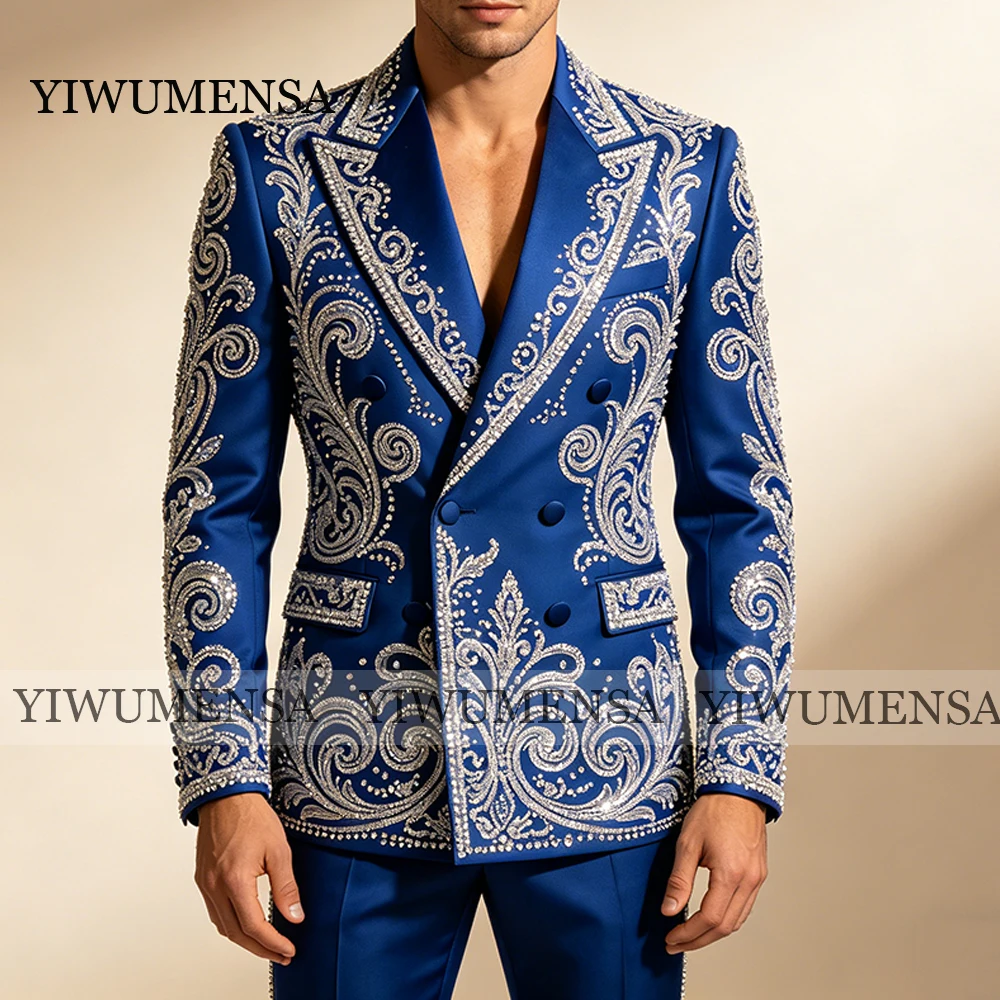 

Exclusive Suits Men For Wedding Rhinestones Beaded Prom Blazer Customized 2 Piece Sets Trajes Para Hombre Double Breasted Tuxedo