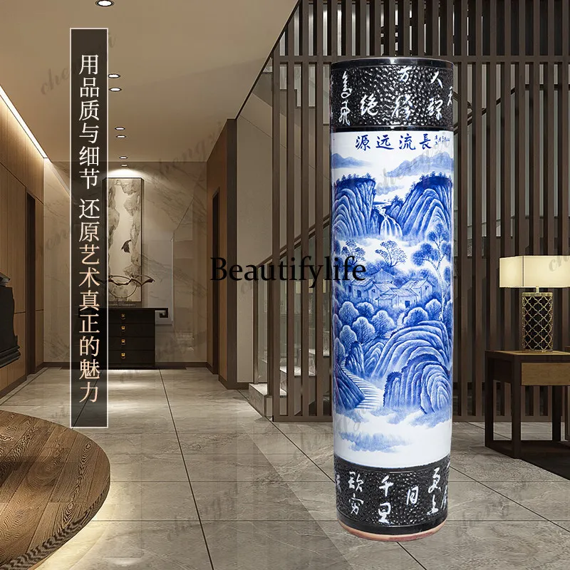 Jingdezhen ceramic blue and white floor-to-ceiling extra-large vase quiver living room hotel Chinese decoration